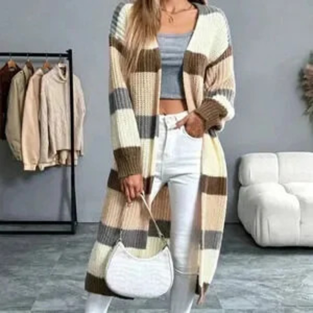 Multicolor Casual Women's Colorblock Patchwork Long Open Front Cardigan